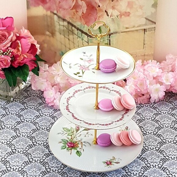 Handmade Pink Floral 3 Tier Cake Stand, Afternoon Tea Dessert Sandwich Tray Gift - Picture 6 of 10